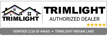 Logo with two houses featuring colorful rooflines on the left, next to the text TRIMLIGHT AUTHORIZED DEALER and five gold stars. Banner below reads VERIFIED 2/26 ID 44665 - TRIMLIGHT INDIAN LAKE.