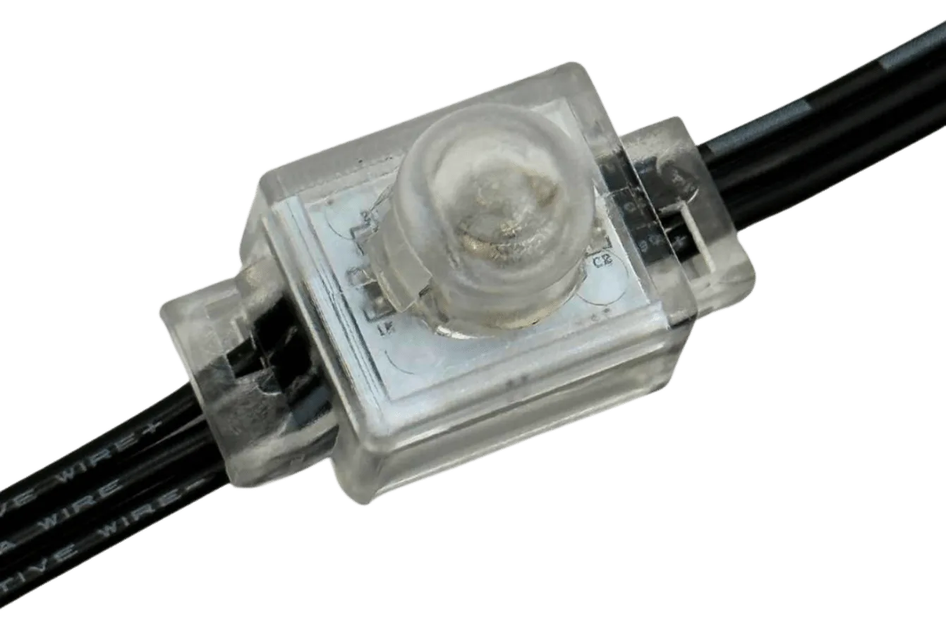 Attached image file A close-up of a transparent plastic LED module with visible internal components, connected to black electrical wires on both sides, isolated on a white background.