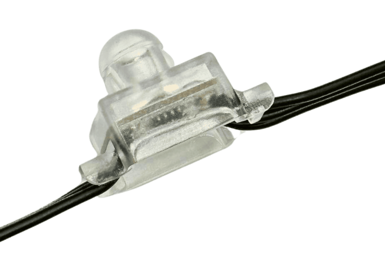 Attached image file Close-up of a transparent plastic wire connector securing two black electrical wires together, isolated on a white background.