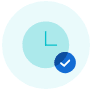 Attached image file Light blue clock icon with minimal hands pointing at 12 and 3, overlaid with a smaller blue circle featuring a white check mark in the bottom right corner. The background is a pale blue circle.