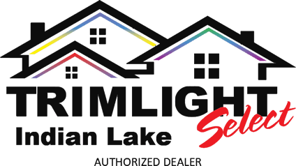 Logo with two stylized house outlines above the text “Trimlight Indian Lake Select Authorized Dealer.” The word “Select” is written in red script, and the houses have colored trim accents.