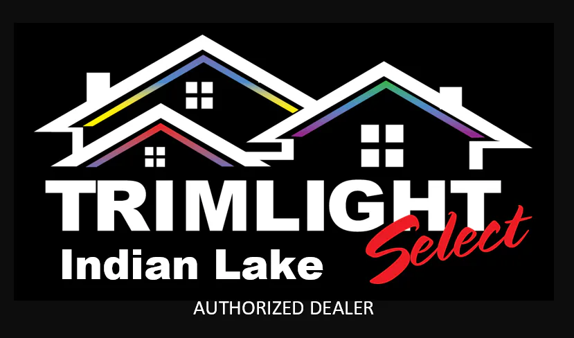 Attached image file Logo for Trimlight Indian Lake Select, featuring two outlined house rooftops with colored trim, large white text, Select in red script, and Authorized Dealer below on a black background.