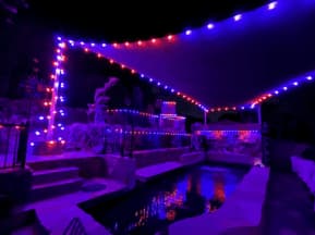 A backyard pool at night illuminated by red and blue string lights along a canopy and fence, with reflections of the lights shimmering on the water. The surrounding area appears tranquil and festive.