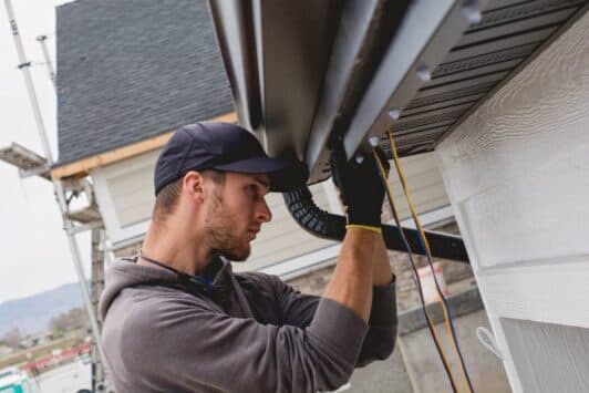 Attached image file A man wearing a cap and gloves installs or repairs a rain gutter along the roof edge of a house, concentrating on his work with tools and materials visible.