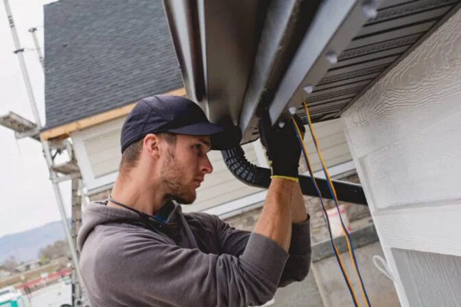 A man wearing a cap and gloves installs or repairs a rain gutter along the roof edge of a house, concentrating on his work with tools and materials visible.