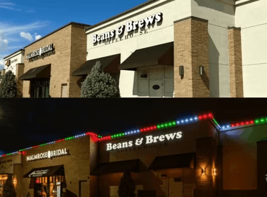 Attached image file Two images of the same shopping center: the top shows store signs in daylight, including Beans & Brews Coffeehouse; the bottom shows the stores at night, with colorful trim lights along the roofline.