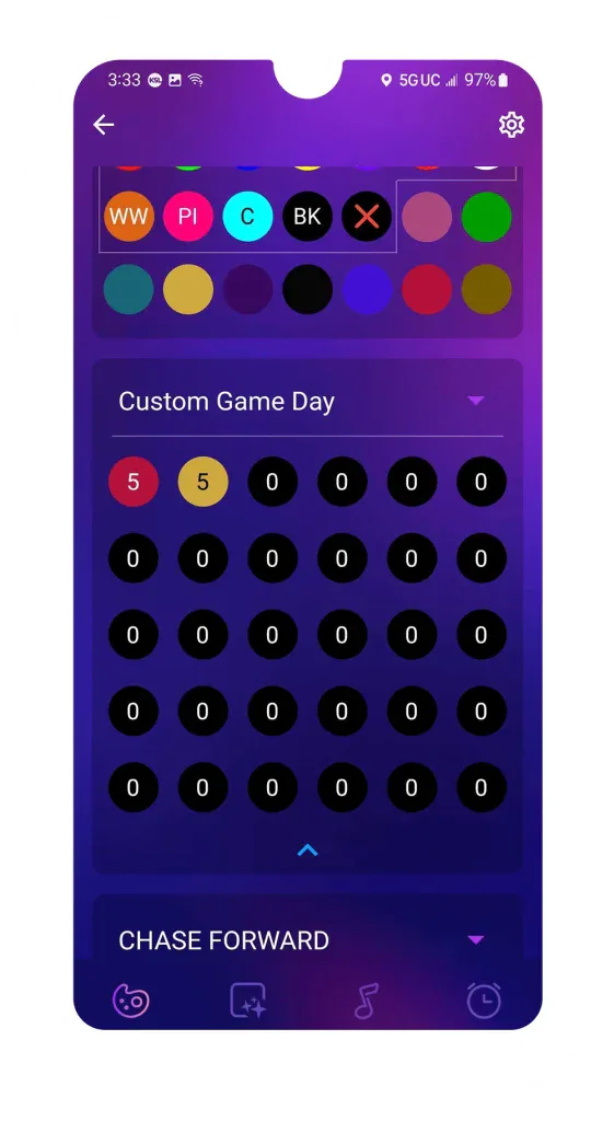 Attached image file A smartphone screen displays a colorful game interface with circular color options at the top, numbered circles for Custom Game Day, and black circles labeled with zeros in a grid below.